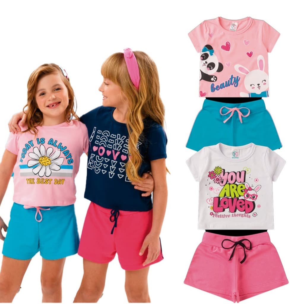 KIT 4 Peças 2 Conjuntos Infantil e Juvenil Verão Menina 1 ao 14