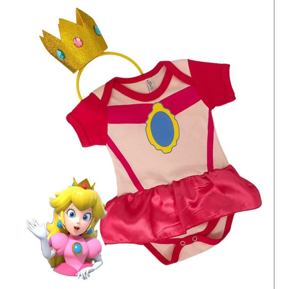 Kit Body Bebê Princesa Peach + Tiara Coroa Mesversário Menina