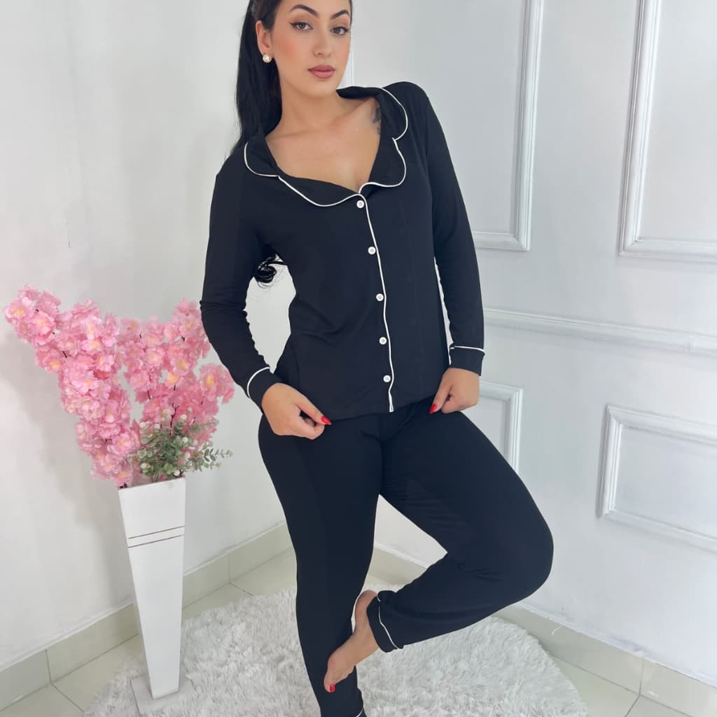 Pijama Feminino Americano Luxo manga longa com calça botões