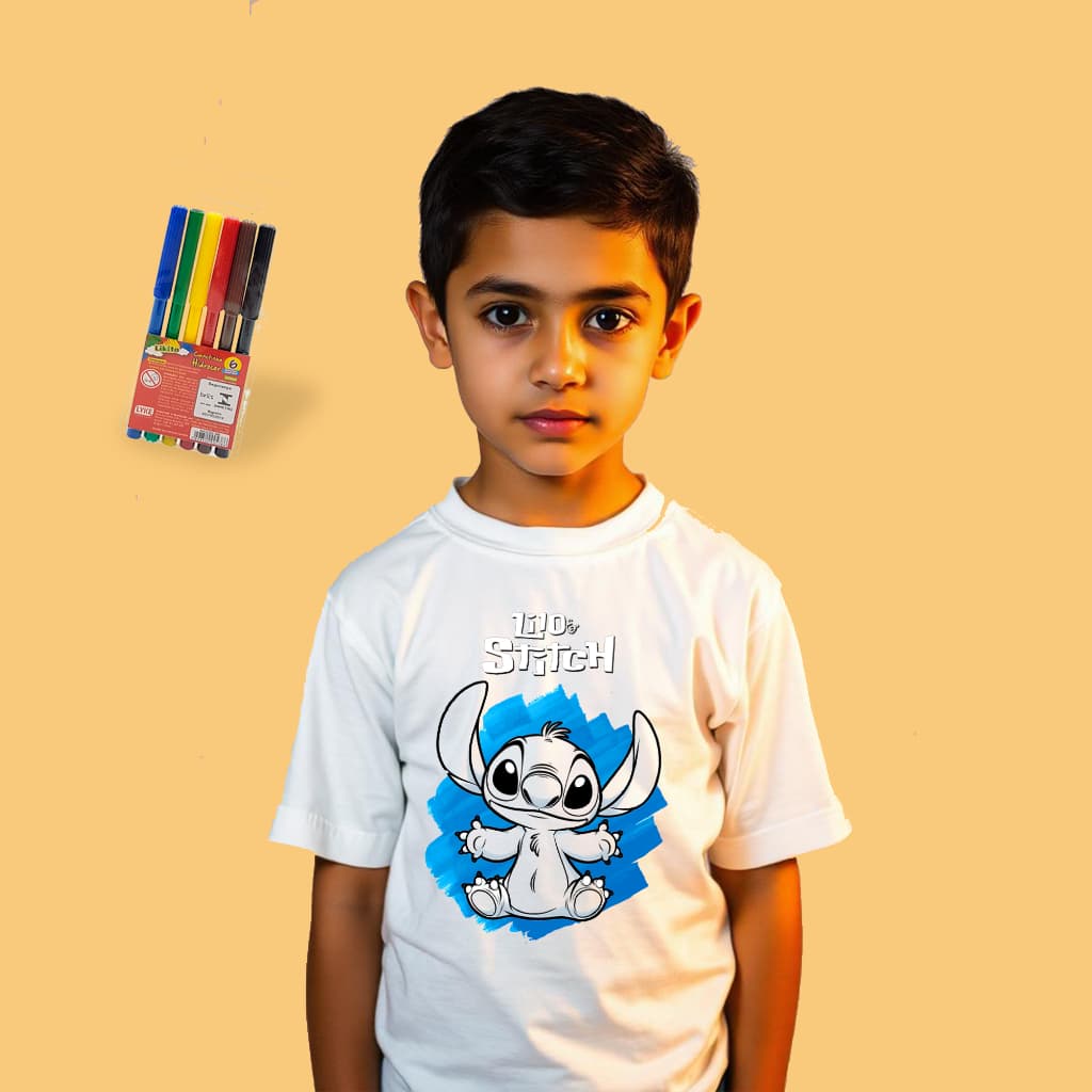 Camiseta Pinte e Lave Stich Infantil com Canetinhas
