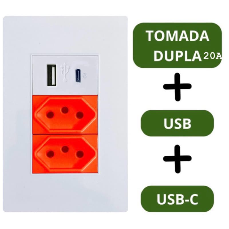 TOMADA DE PAREDE DUPLA PINO GROSSO 20A COM ENTRADA USB E TIPO C MULTI CARREGAMENTO RAPIDO