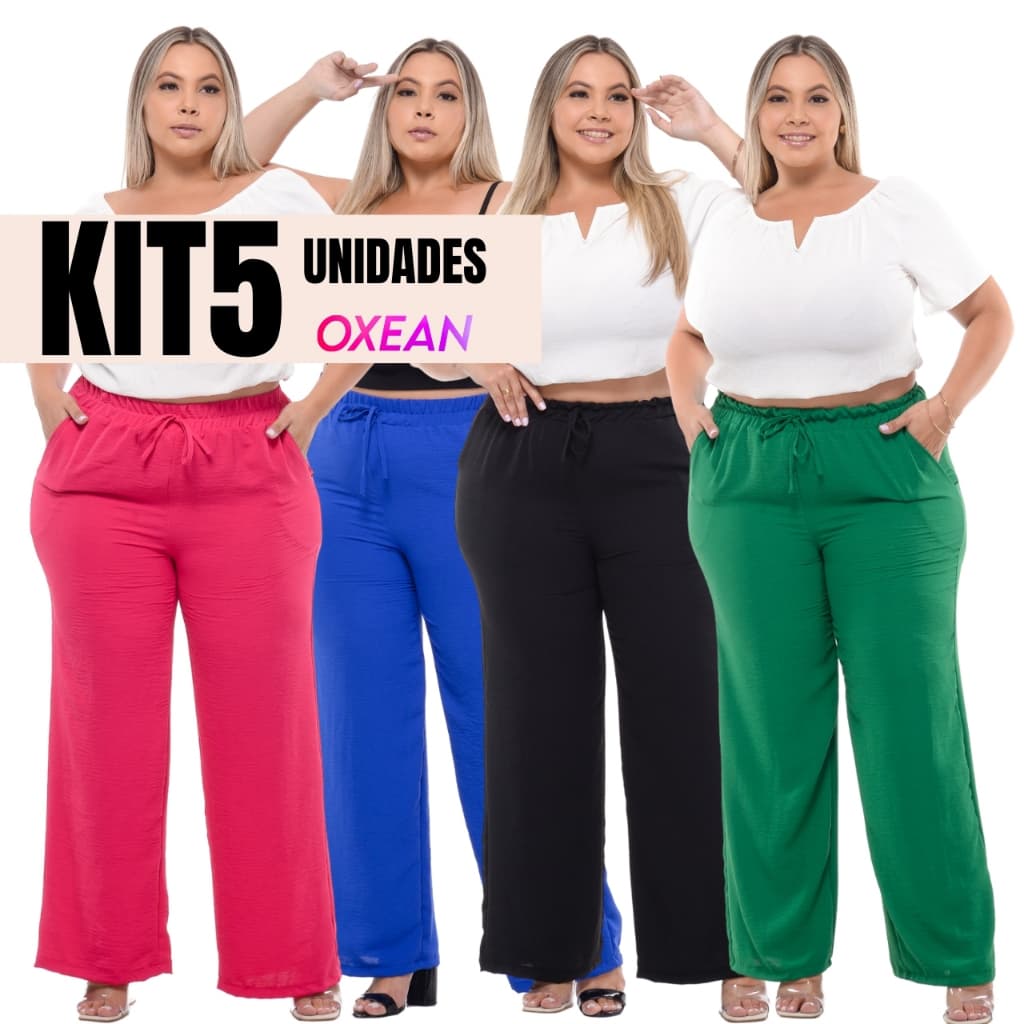 Kit 5 Calças Plus Size Feminina Pantalona Cintura Alta Tecido Duna