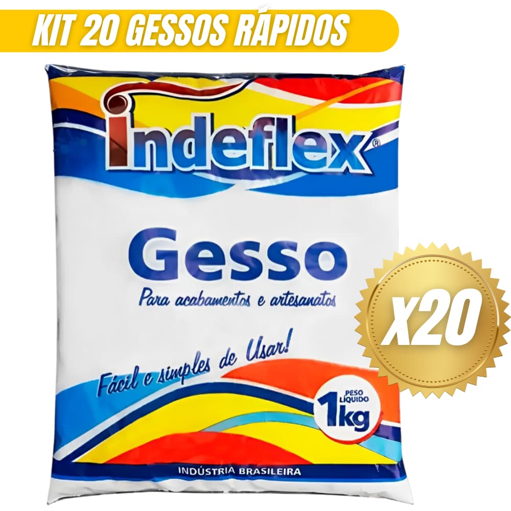 Kit 20 Gesso Em Pó Branco 1kg Rápido Indeflex Saco Para Acabamentos Artesanatos e Reparos 20kg