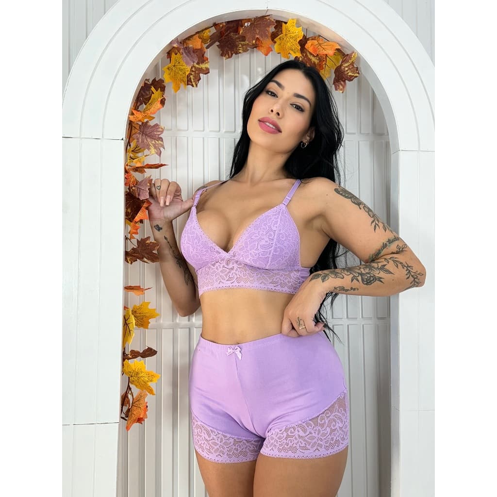 Baby Doll Conjunto de Sued Liso Pijaminha Roupa de Dormir Pijama Renda Cropped C1005