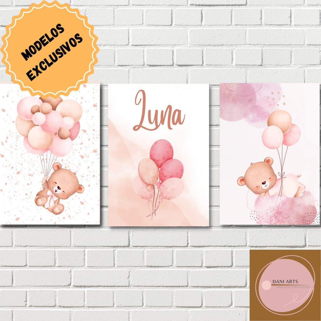 kit 3 quadros decorativos infantil  quarto menina| mdf 3 mm| quadros decorativos menina| quadro decorativo ursinha