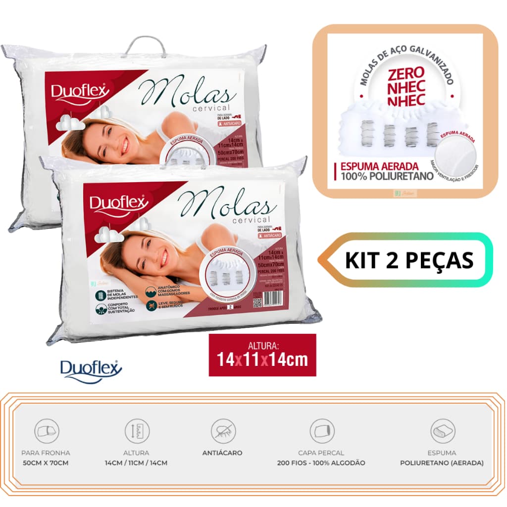 Kit 2 Travesseiros Molas Cervical Duoflex - Formato Anatômico - Conforto com Total Sustentação - Com Gomos Massageadores