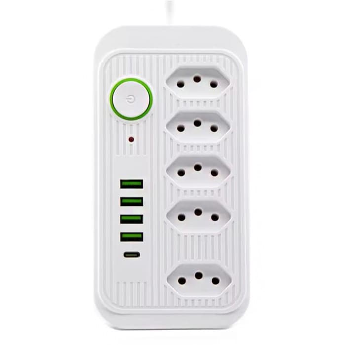 Filtro De Linha Extensão Cabo Extensor 2 Metros Com 5 Tomadas + 4 USB E 1 Tipo-C