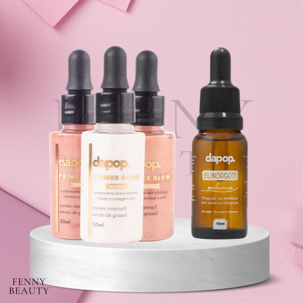 Kit Primer Iluminador Efeito Glow + Blindagem Poderosa Facial Alta Fixação 3em1 15ml - Dapop