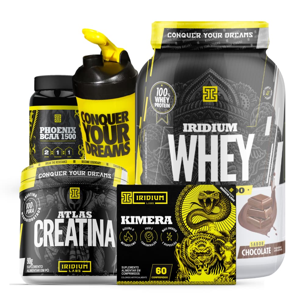 Combo Kimera e Whey Protein Concentrado e BCAA e Creatina e Coqueteleira Copo Único