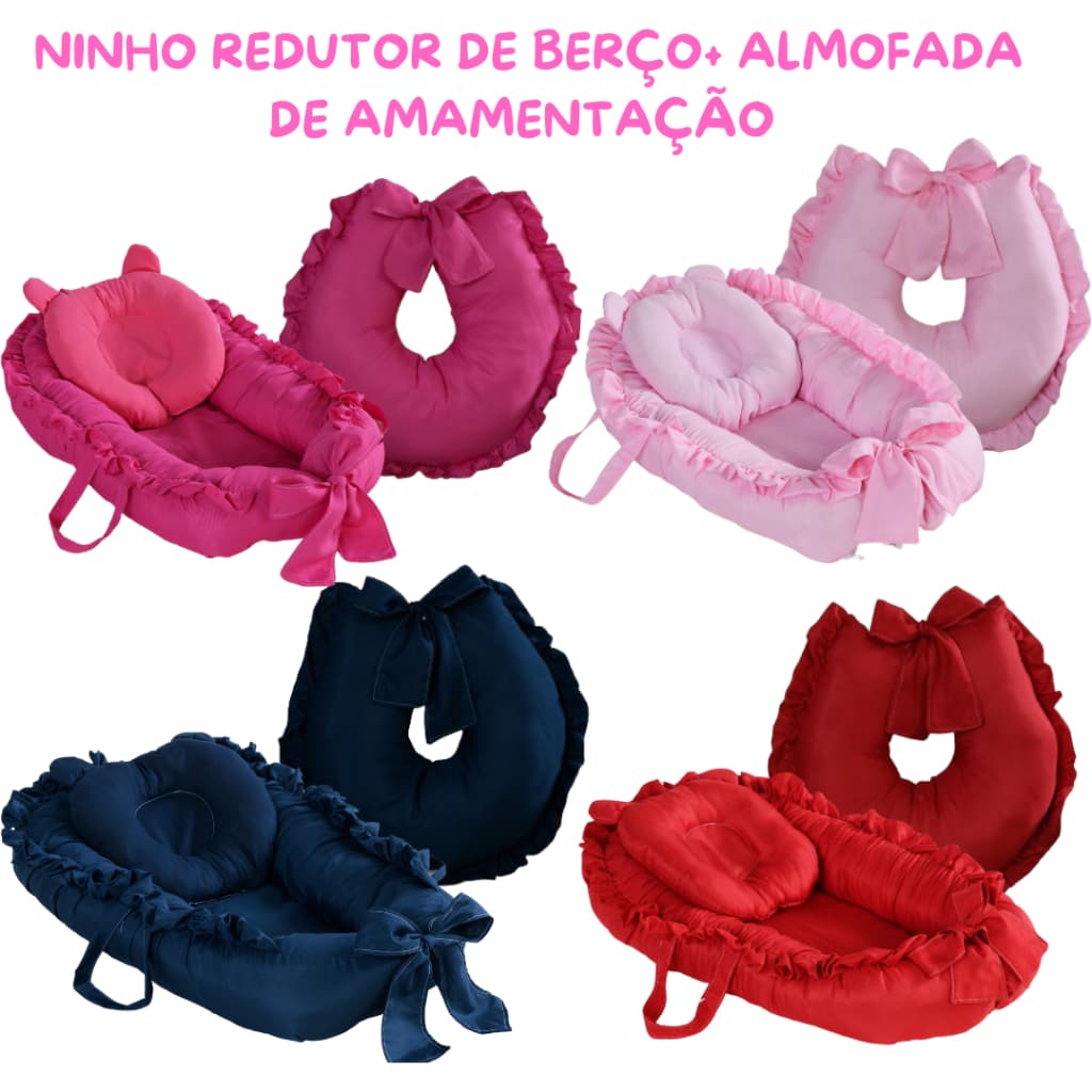 Kit ninho redutor de berço com babado + almofada amamentação 100%poliester menina/menino
