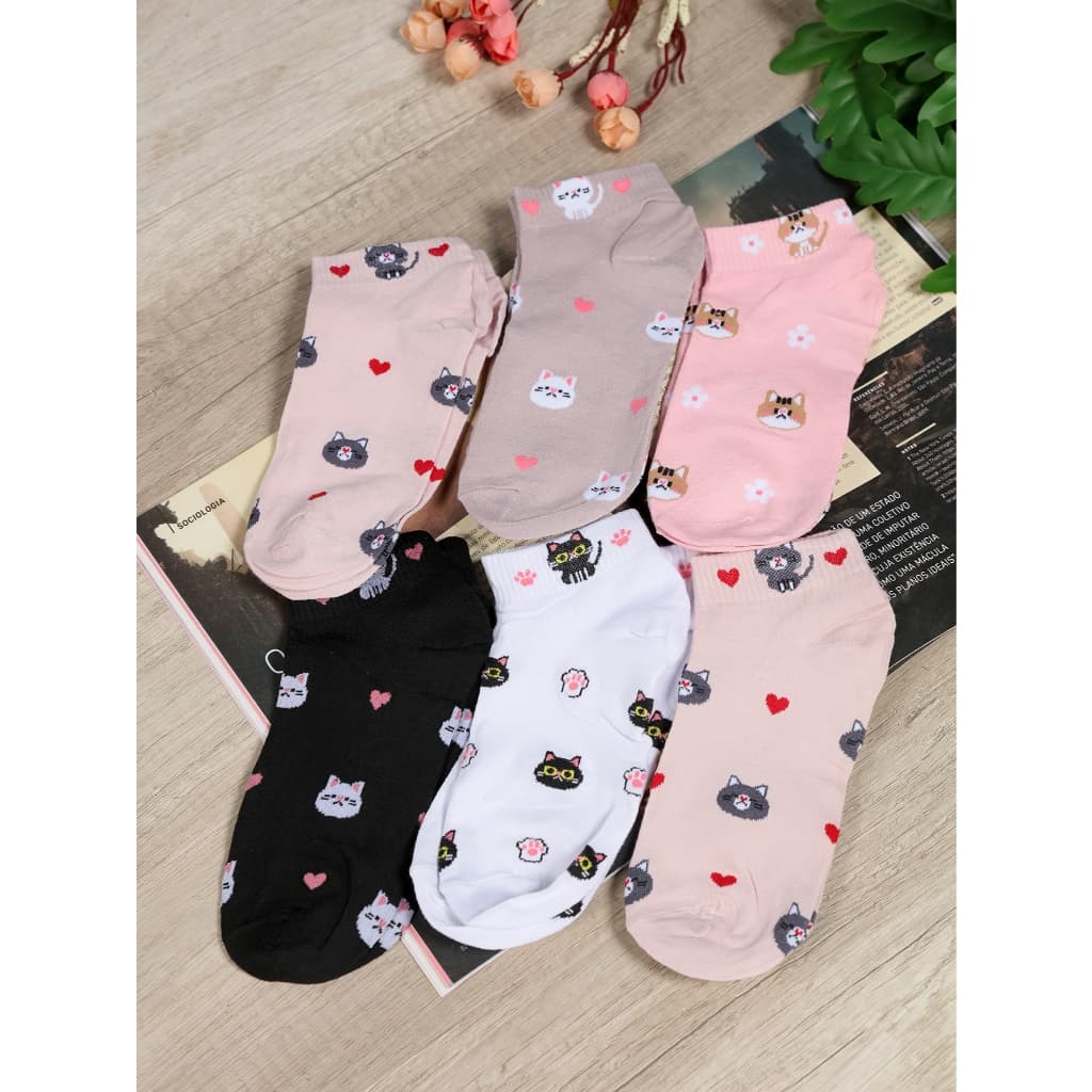 Kit 12/6 Pares Meias Feminina Soquete Cores Fofas 35ao40 com desenho