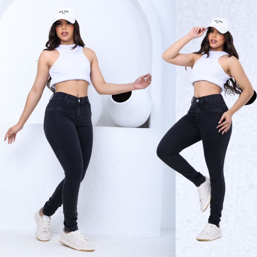CAMAROTE Calça Jeans Marmorizada Preta Cintura alta