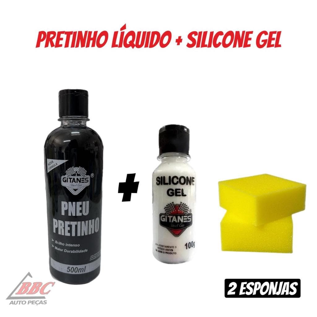 Kit Limpeza Automotiva - 1 Pretinho Liquido 500ml - 2 Esponja Aplicadora - 1 Silicone Gel 100g