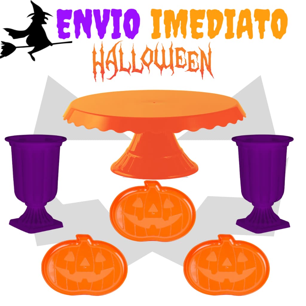 Kit Halloween - 1 Boleira Cake Slim + 2 Vaso Grego + 3 Bandeja Monstro Abobora  - Decoração - Festa - Halloween Novo