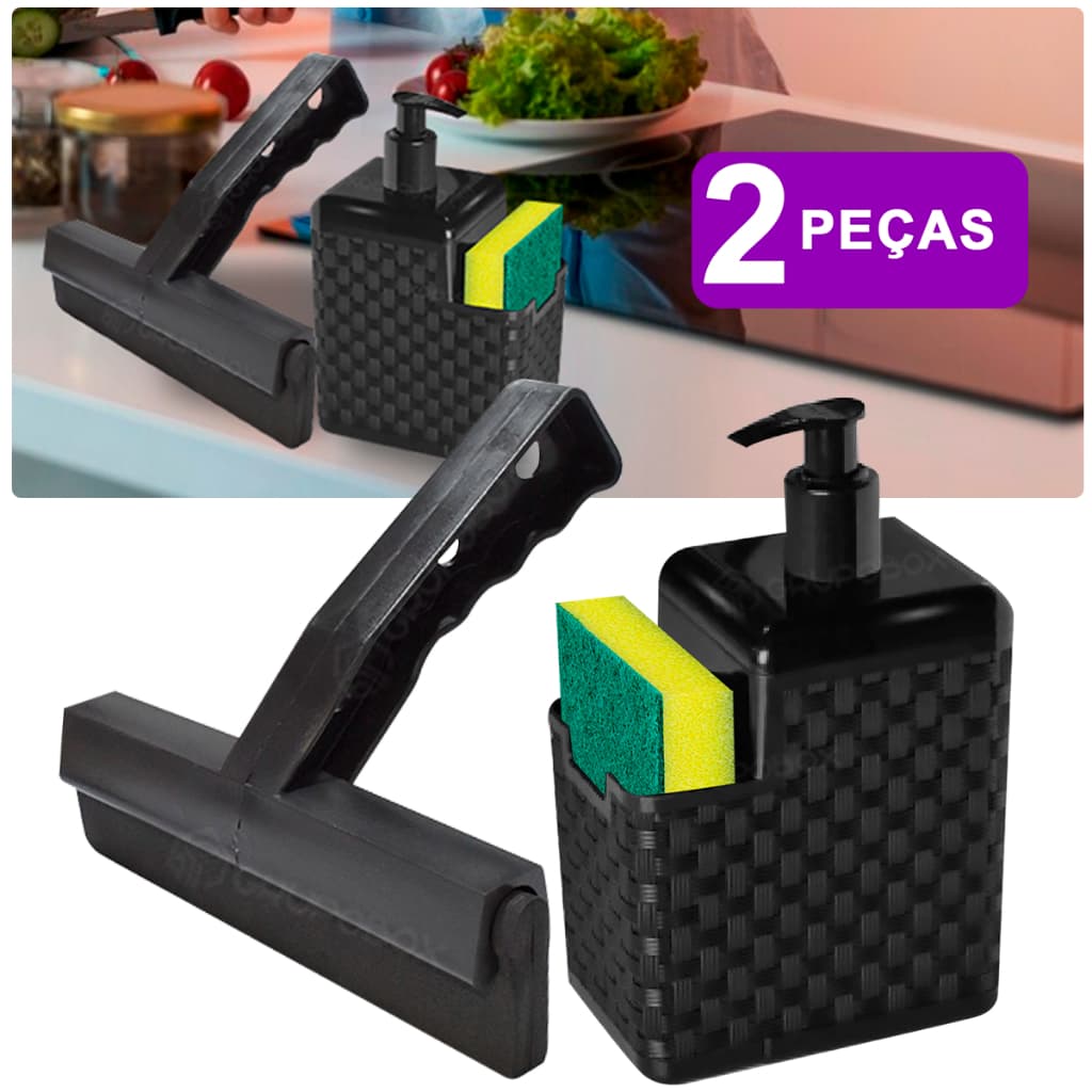 Porta Detergente Sabão Dispenser 2 em 1 Com Suporte Para Bucha Esponja e Rodinho de Pia