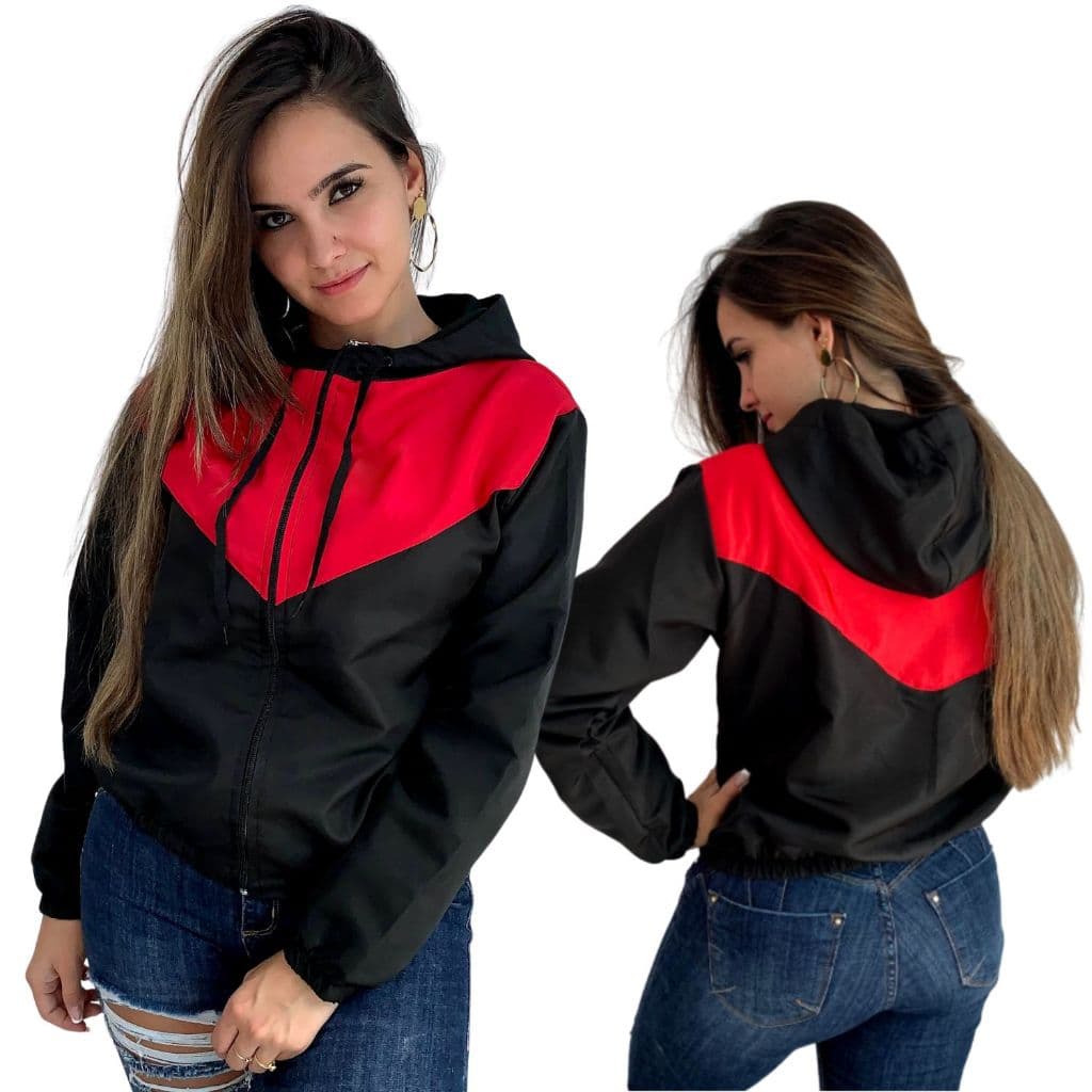 Corta-Vento/ Jaqueta Feminina Esportes Academia Preta e vermelha
