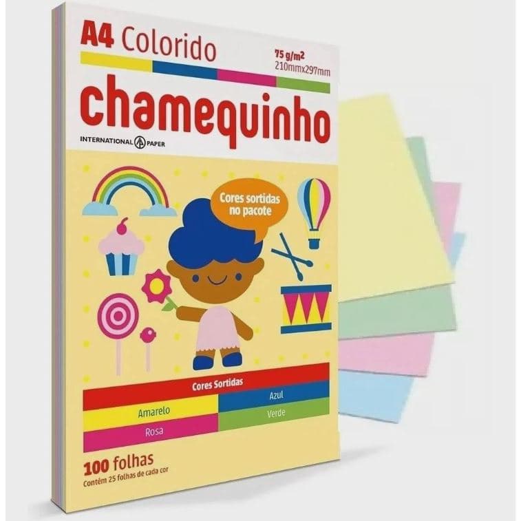 Papel Sulfite Colorido Chamequinho 100 Folhas 4 Cores A4 75g 210x297 Chamex