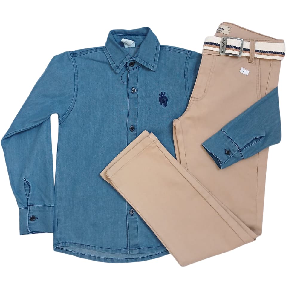 Kit Camisa  Manga  Longa Jeans Calça Sport Fino Masculino Infantil Casamento  Social