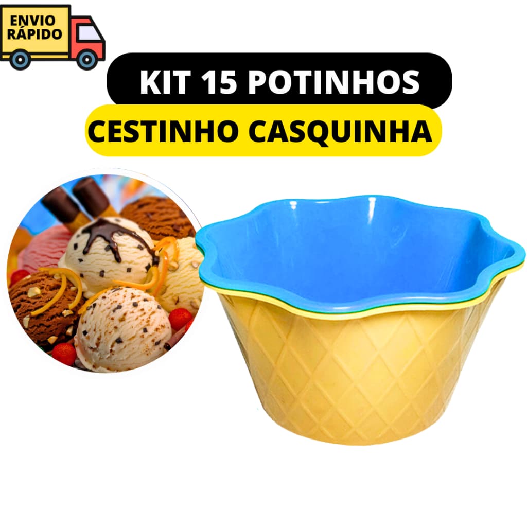 Kit 15 Potes de Sobremesas Casquinha de Sorvete Tigelas Com 15 Colheres Coloridas Para Saborear E Refrescar Com Diversão