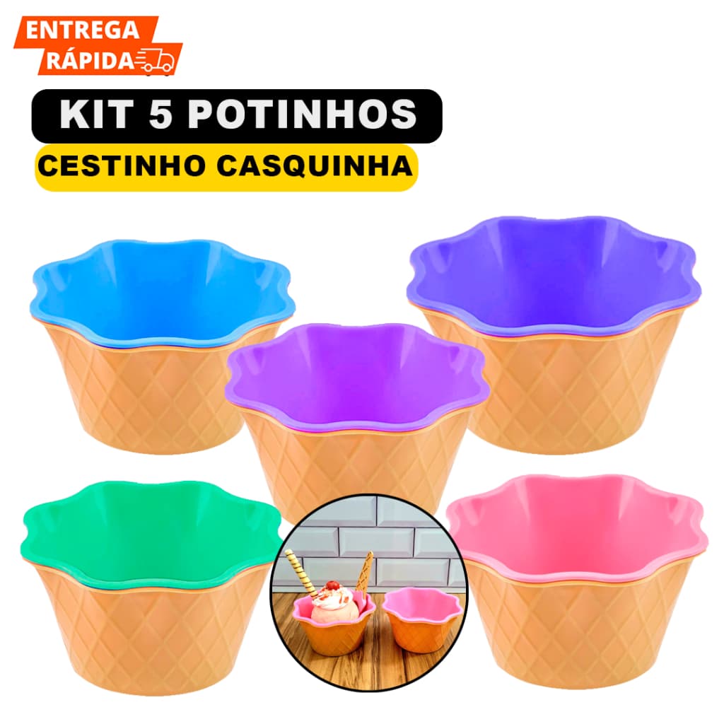 Kit 5 Potes de Sobremesas Casquinha de Sorvete Tigelas Com 5 Colheres Coloridas Para Saborear E Refrescar Com Diversão