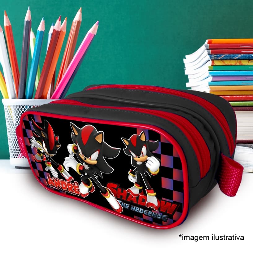 Estojo Duplo Escolar personalizado com nome tema Sonic Shadow