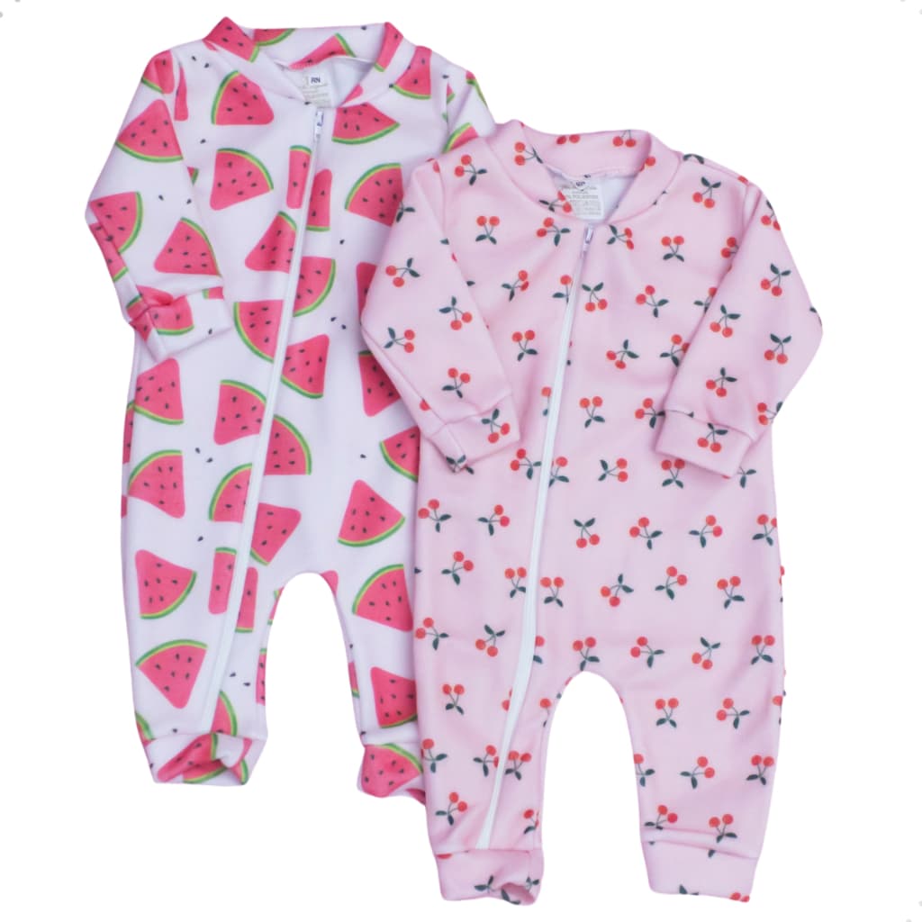 Combo Macacão Bebê Menina 02 Peças Zíper Soft Quentinho Estampado Cerejinha e Melancia Macacão Frio