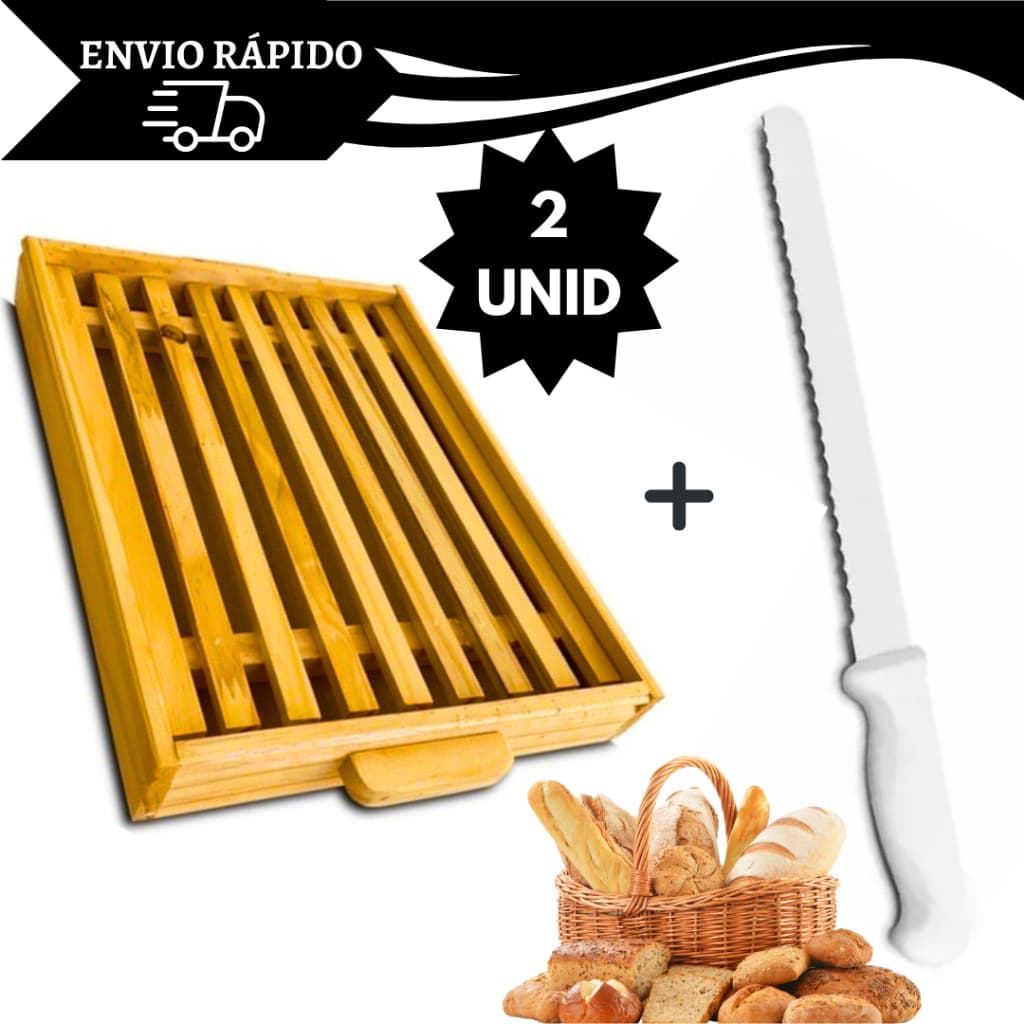 Kit Faca de Serra Grande Para Pão Serrilhada e Migalheira Bandeja De Bambu Multiuso Cafe da Manha