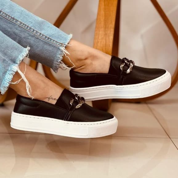 Tênis Feminino Casual Calce Fácil Slip On Iate Plataforma corrente Abs costurado