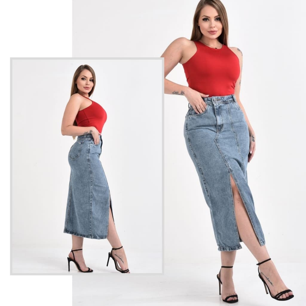 CAMAROTE SAIA MIDI JEANS MARMORIZADA LANÇAMENTO