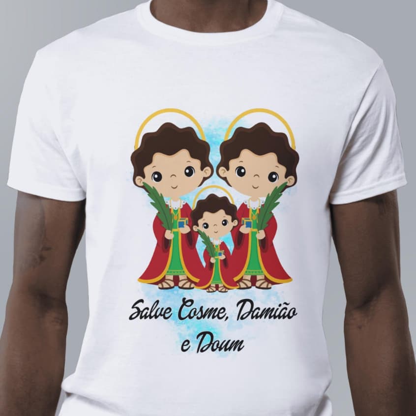CAMISETA BRANCA SALVE COSME, DAMIÃO E DOWN