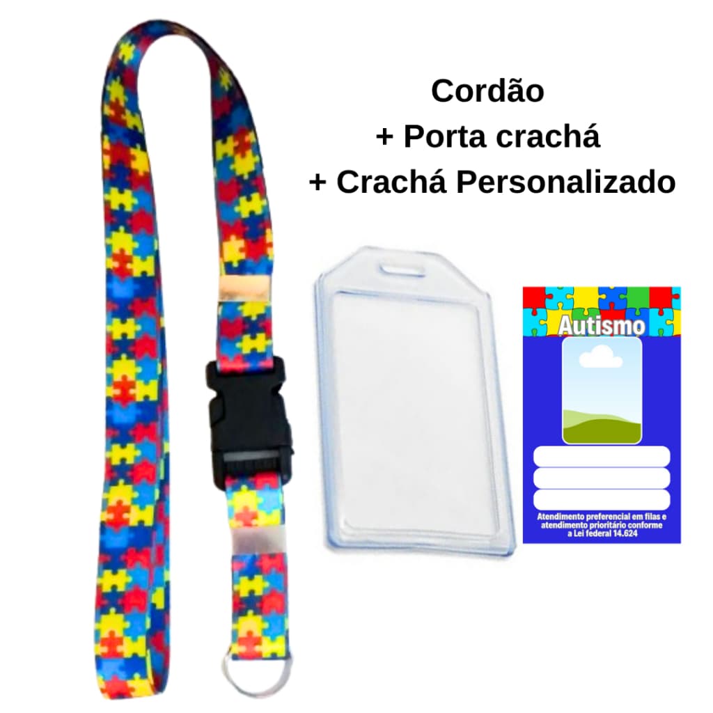 Kit Cordão + Crachá cid autismo autista personalizado + porta crachá maleavel