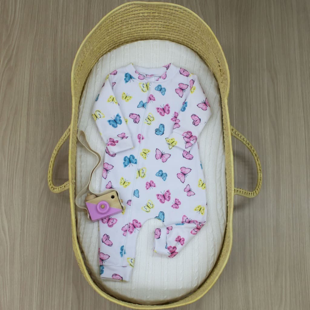 Macacão Soft com Zíper para Bebê Menina Estampa Borboletas Roupas de Bebê Quentinho para Inverno