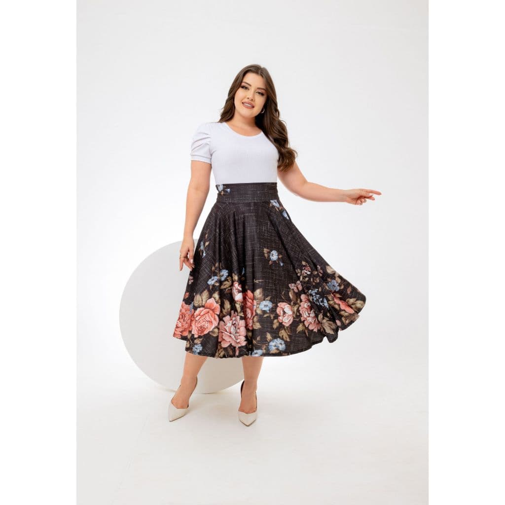 Saia Midi Godê Chumbo Florido Estampado Moda Cristã Feminina Modesta P ao G3