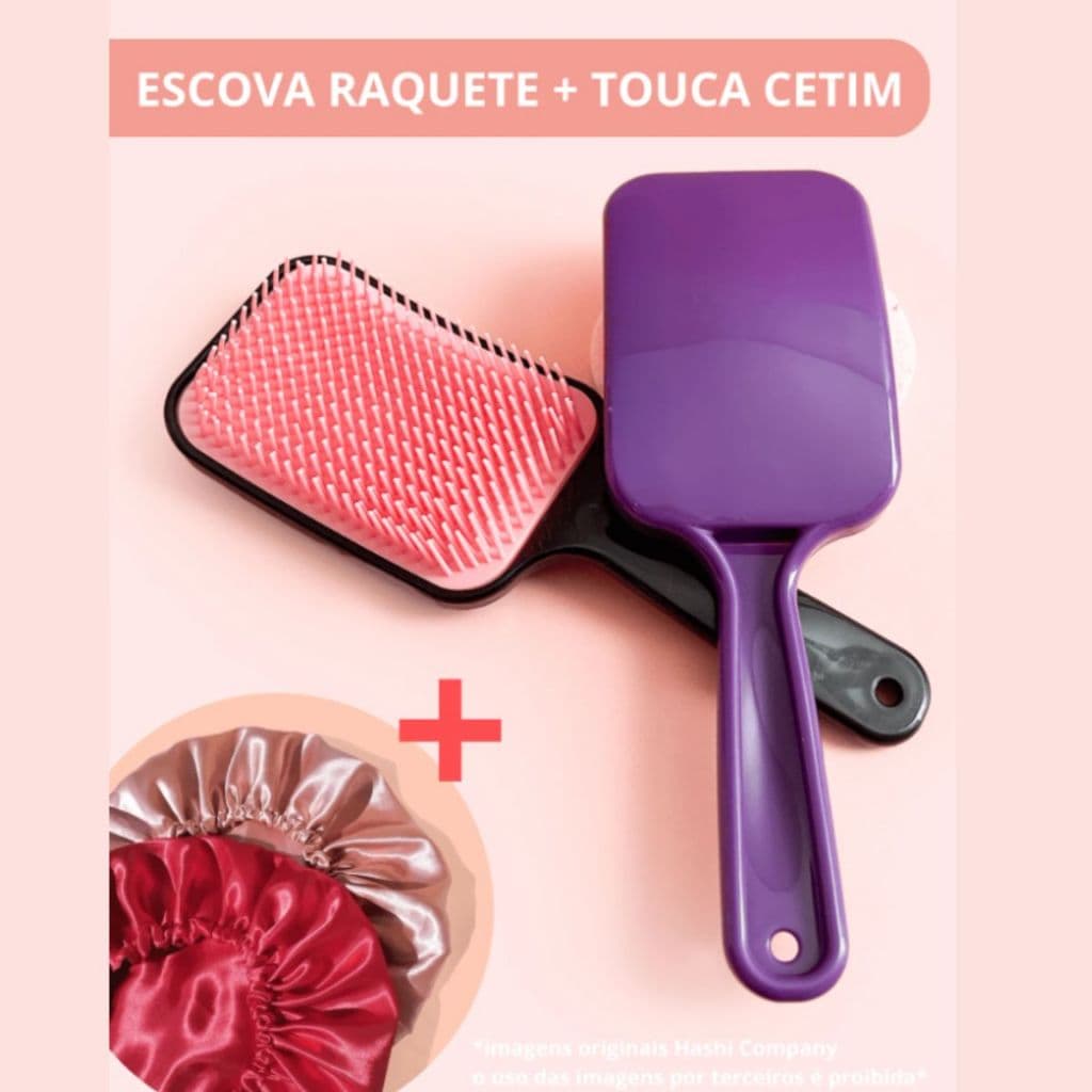 Kit Escova Raquete Flex + Touca de Cetim Para Cabelos Cacheados e Normais Desembaraçador Anti-frizz