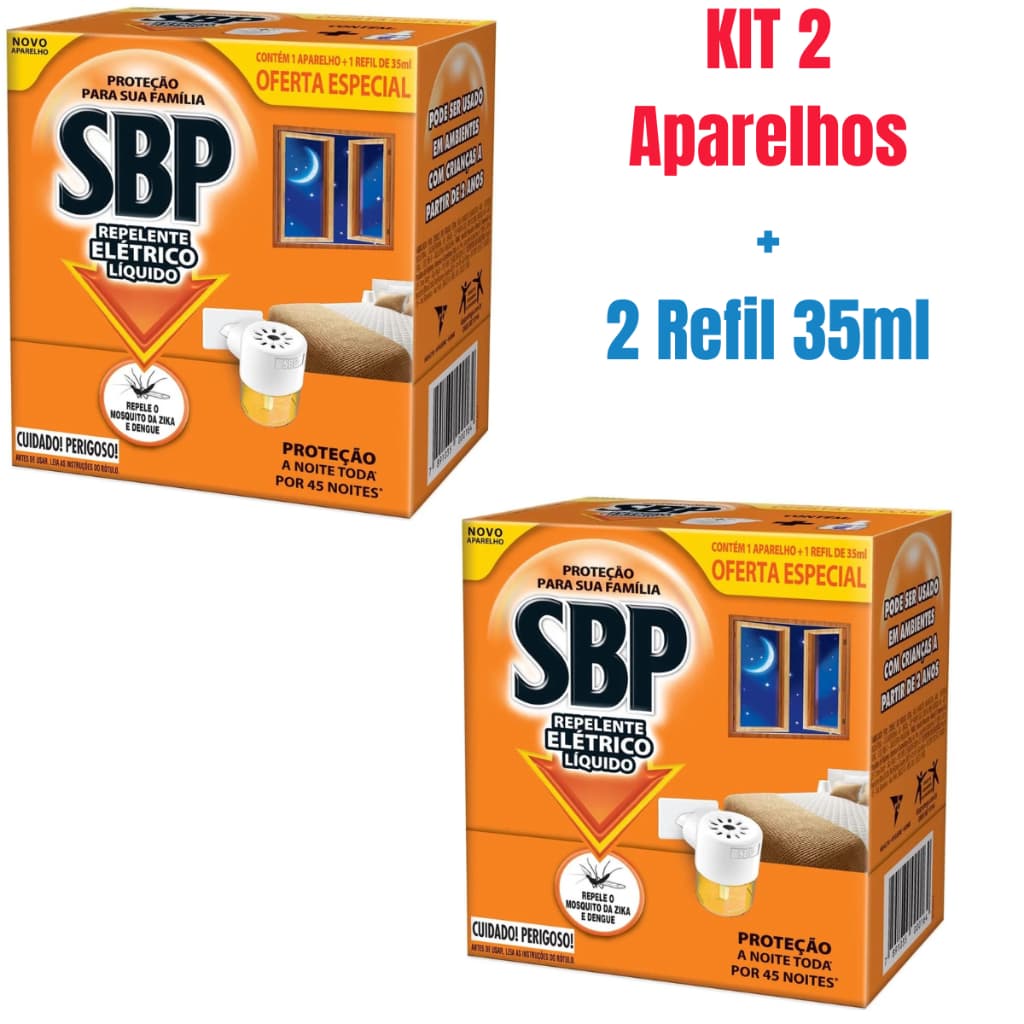 Kit 2 Aparelho Repelente SBP Elétrico + 2 Refil de 35 ml Líquido 45 Noites