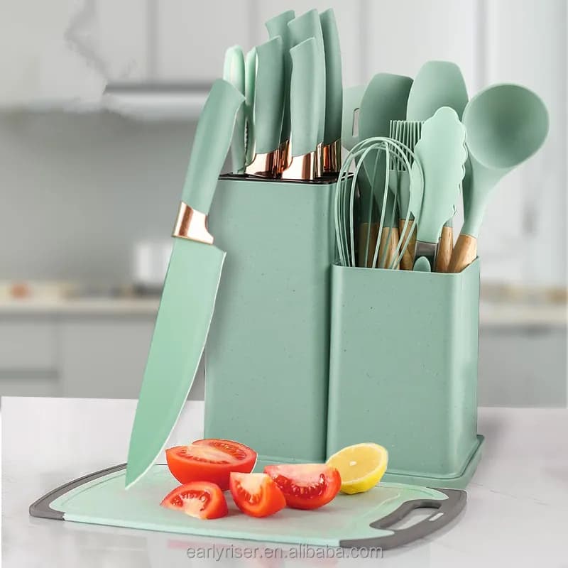 Kit Completo Jogo Utensílios de Cozinha Luxo 19 Peças Com Tábua em Silicone Espátula Faca Tesoura Grande