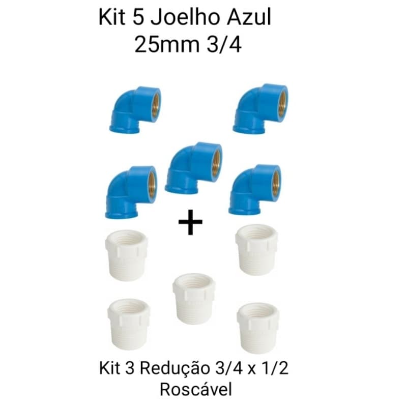 Kit 5 Joelho Azul soldável 25mm Rosca bucha Latão 3/4 X 1/2  + 5 Redução 1/2 Roscável