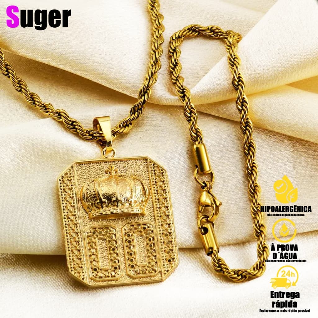 Conjunto Colar e Pulseira de Corrente Grande + Pingente Placa Coroa 3D Cravejado Banhado a Ouro 18K