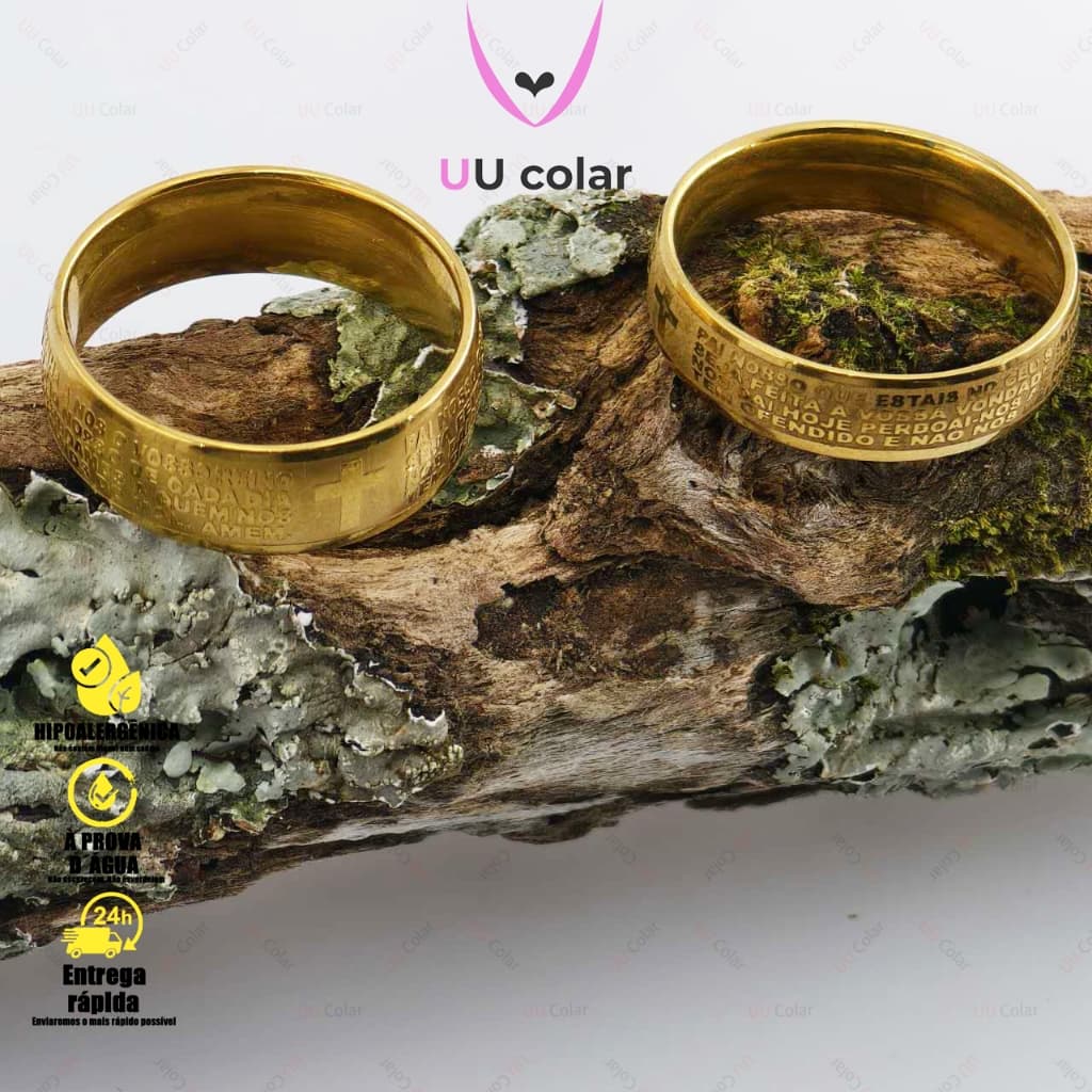 Anel Unissex em Aço Inoxidável Dourado com Cruz de Jesus e Oração Bíblica - Amuleto de 4mm a 7mm