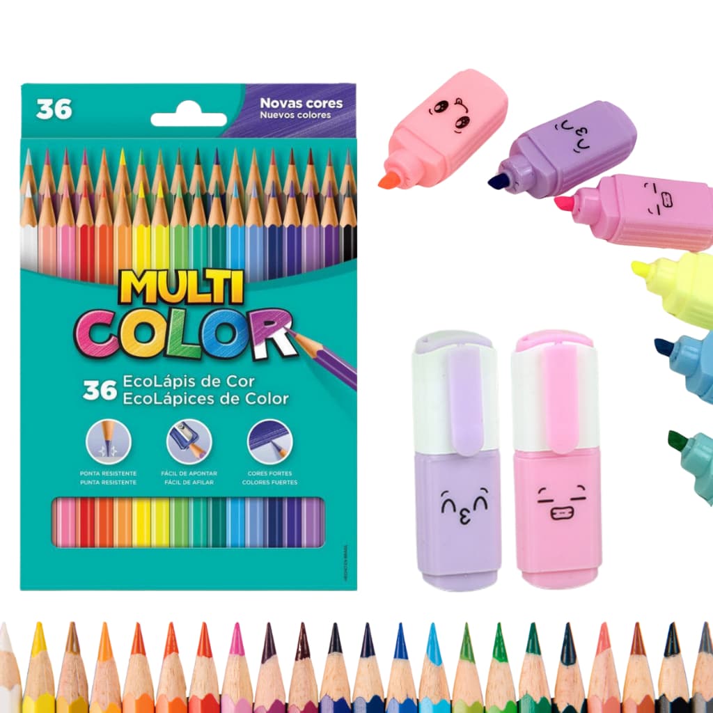 Kit Material Escolar 36 Lápis De Cor C/ 2 Mini Marca Textos Ponta Chanfrada Neon