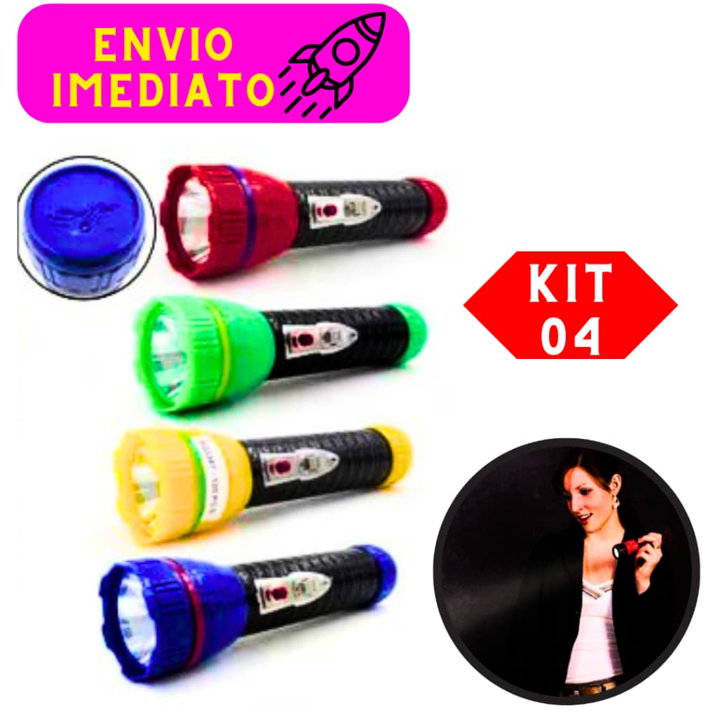 Kit 4 Lanternas de Led A Pilha CORES SORTIDAS (Pilha Não Inclusa) Carregador da Bateria Acoplado