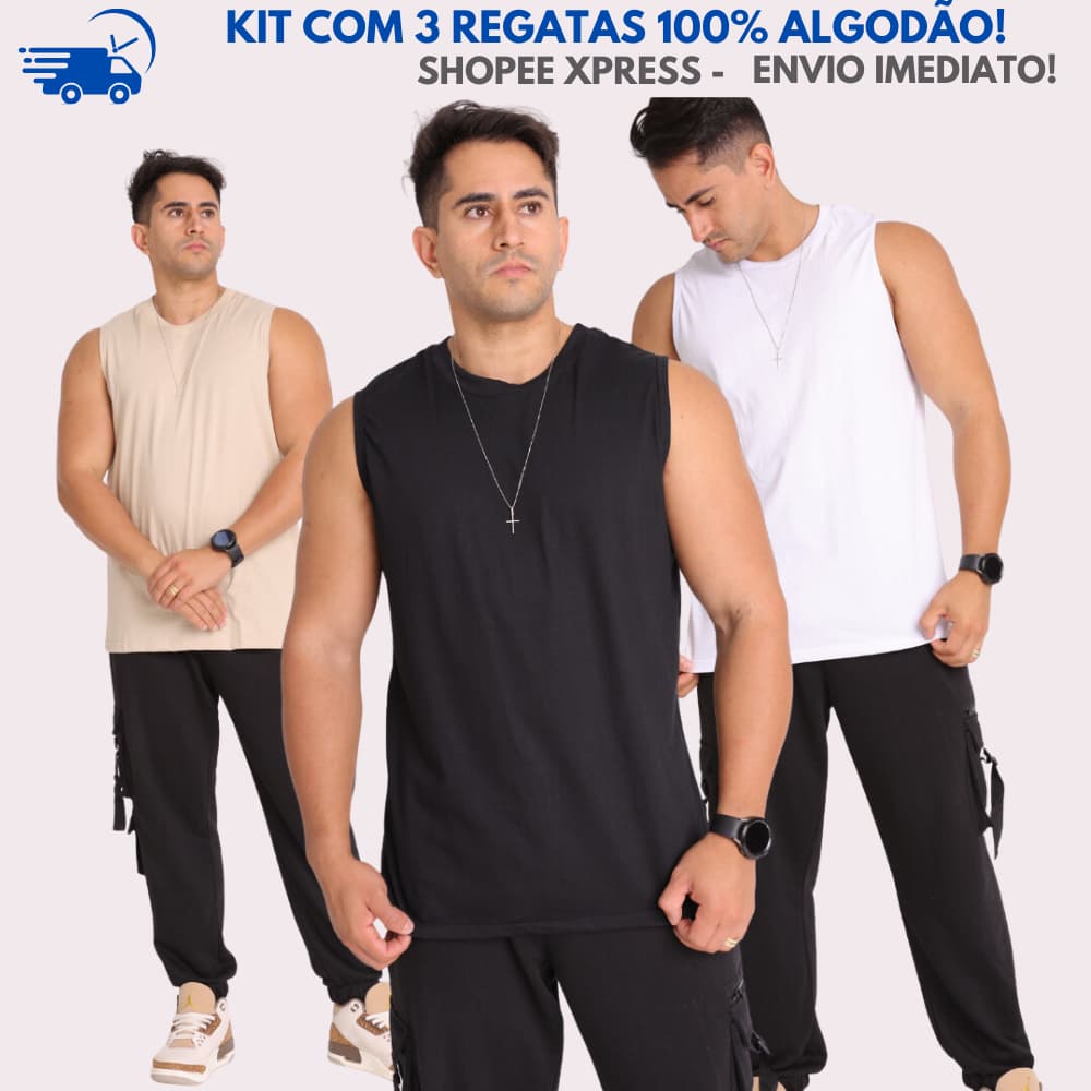 Unidade ou Kit com 3 Regatas Machão Tecido 100% Algodão Premium