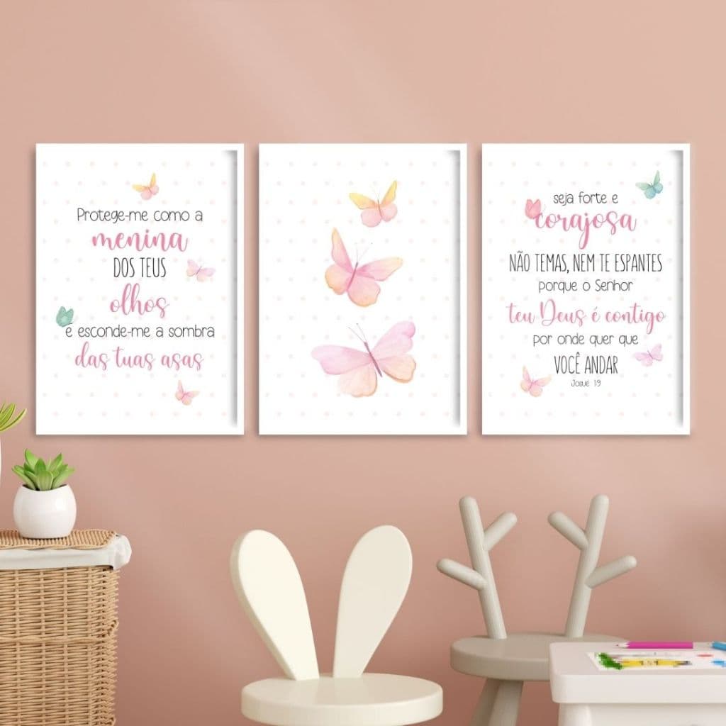 Kit 3 quadros plaquinhas fofas para quarto de bebe, criança. Borboleta, Seja forte e corajosa biblica