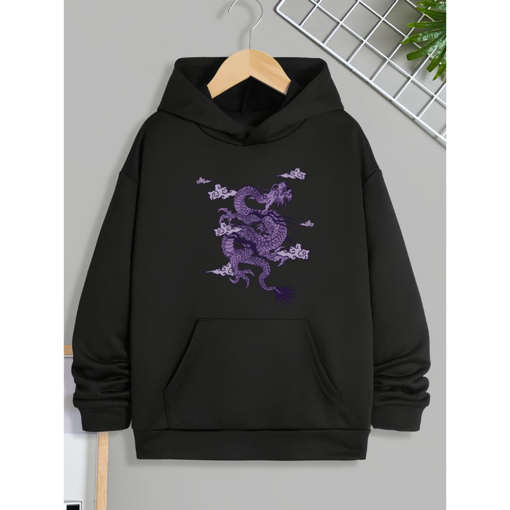 Blusa Moletom Canguru Unissex Feminino Com Capuz Estampa Dragão Roxo Streetwear