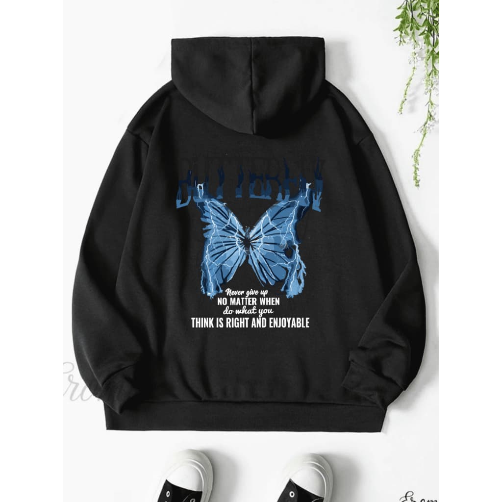 Moletom Masculino Com Capuz Canguru StreetWear Desenho Borboleta Blusa Feminina Gola Redonda