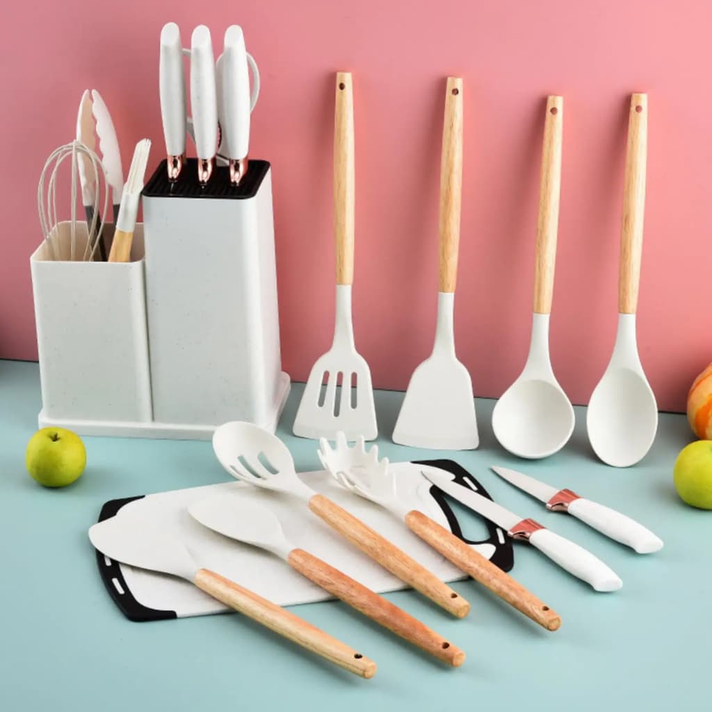 Conjunto De 19 Pçs De Cozinha Em Silicone Com Cabo Em Madeira - Kit Completo De Utensílios