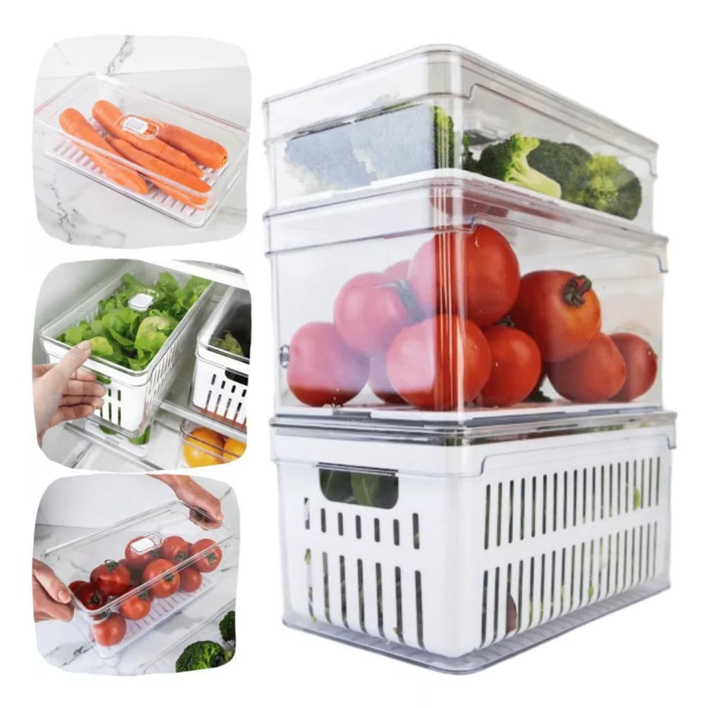Kit Pote Cesto Organizador De Geladeira 3 Peças Frutas Legumes Verduras Maior Durabilidade