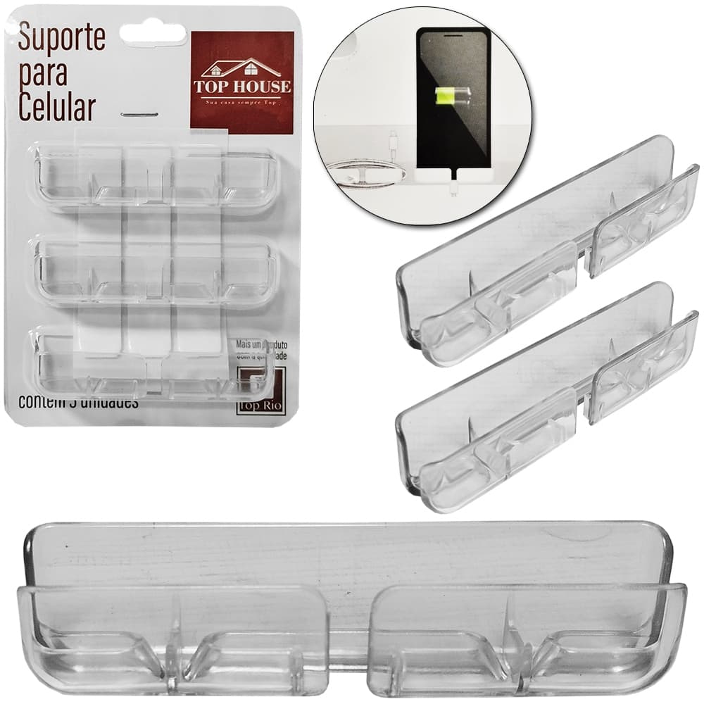 SUPORTE PARA CELULAR DE PAREDE DE ACRILICO AUTOADESIVO COM 3 PECAS 8,5X2X1,5CM