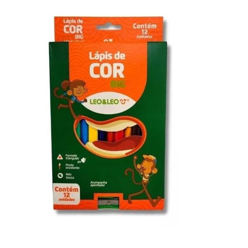 Lápis Super Jumbo Big 12 Cores Grosso + Apontador Leo E Leo