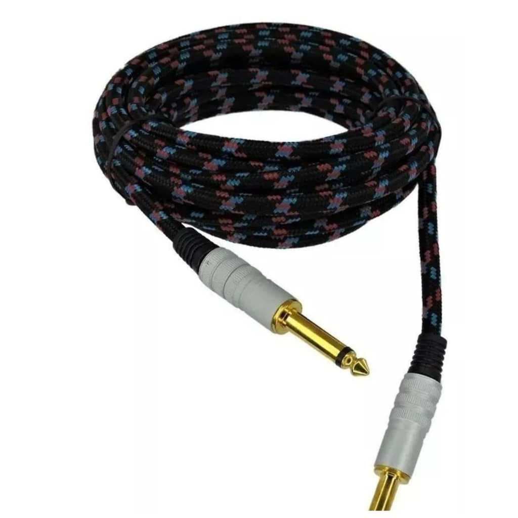 Cabo Para Instrumentos Musicais  P10 + P10 Mono Em Nylon  - 5 Metros  Cor preto vermelho e azul